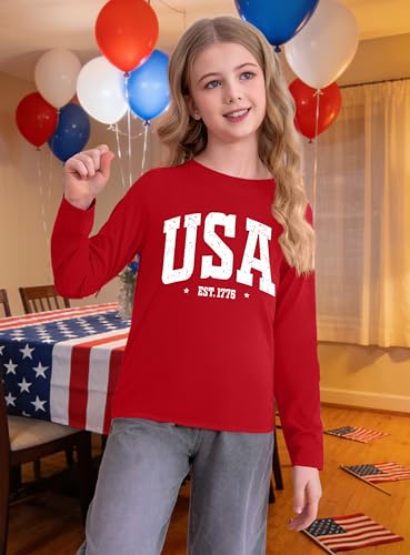 Image of Ithalt 4th of July Outfit Kids Girls American T Shirt USA T-Shirt Fourth of July Tops Patriotic Long Sleeve Tops