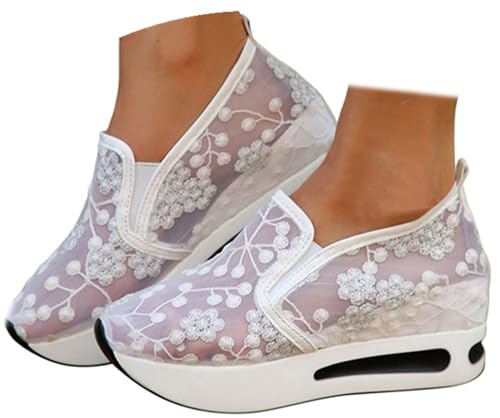 Womenyiaor Women's Fashion Sneakers Dressy Floral Embroidery Sheer Mesh Lace Sneakers Platform Wedge Sneakers for Women Slip on Walking Shoes Loafers Lace up Sneakers Casual Shoes