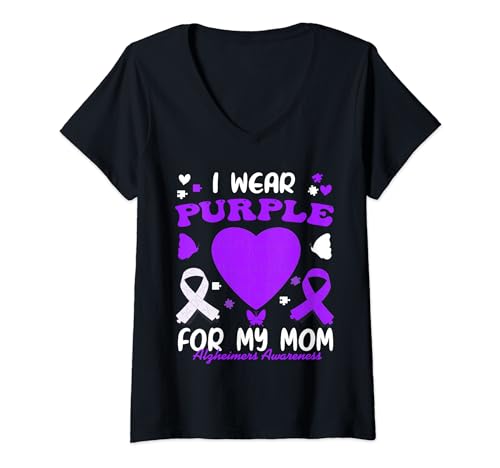 Mujer I Wear Purple For My Mom Alzheimer's Alzheimer's Alzheimer's Ribbon Heart Camiseta Cuello V