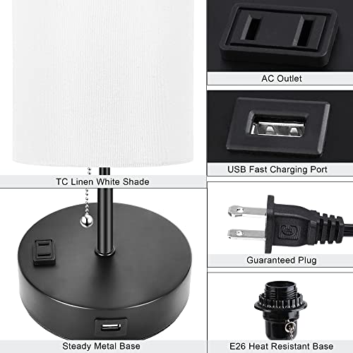 3 Color Temperature Bedside Table Lamps Set Of 2, Modern Small Lamp With Usb And Outlet, Bedroom Lamp For Nightstand With Chain Switch, White Desk Lamp For Living Room, Two Bulbs Included #TOP4