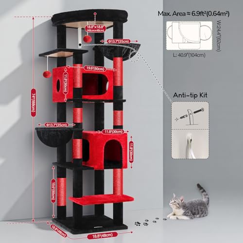 Image of Globlazer Gothic Heavy Duty Cat Tree, 74in Sturdy Goth Cat Tower for Large Cats Adult Big Cat Tree with 7 Scratching Posts, 2 Padded Spacious Condos, 2 Hanging Baskets, Enlarged Perch, S74, Red Black