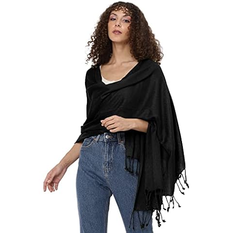 Allen & Mate Handcrafted Soft Pashmina Shawl Scarf Wrap Stole for Women in Solid Colors ( Black Premium ) Cover