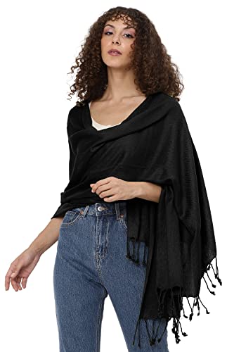 ALLEN & MATE Châle pashmina doux fabriqué à la main pour femme dans des couleurs unies, Black Premium, taille unique Cover