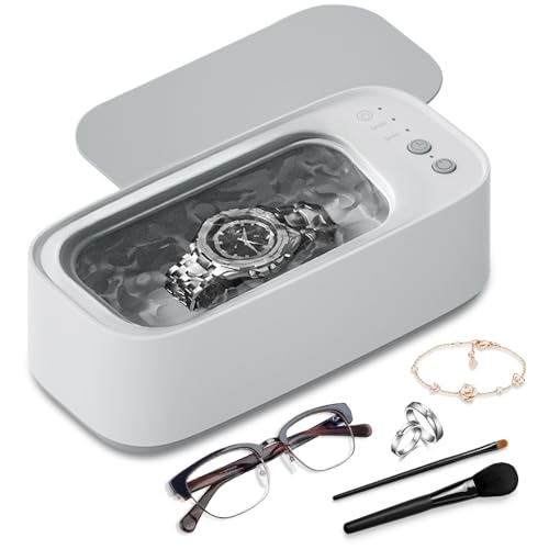 Pulitore Ultrasuoni 45000Hz,Pulitore Ultrasuoni Gioielli,450ML Vasca Ultrasuoni,3 modalità di Tempo,Pulitore ad Ultrasuoni per Gioielli,Collane,Orologi,Monete,Protesi Dentarie