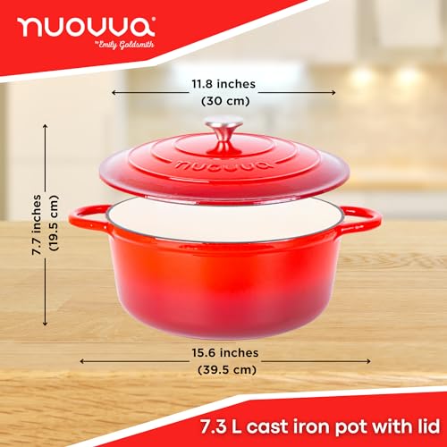 Image of Cast Iron Dutch Oven with Lid - Non-Stick Ovenproof Enamelled Casserole Pot- Sturdy Dutch Oven Cookware - Red, 7.3- Quart, 30cm- by Nuovva