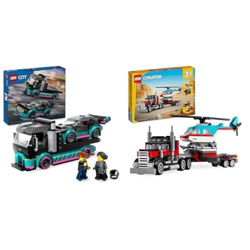 LEGO City Autotransporter mit Rennwagen, LKW-Spielzeug mit Verstellbarer Laderampe und Renn-Auto & Creator 3in1 Tieflader mit Hubschrauber, Fahrzeuge-Set mit Helikopter- und LKW-Spielzeug