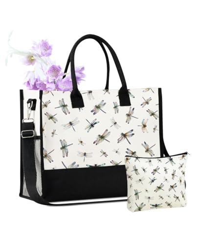 Image of InnoBeta Dragonfly Gifts for Women, Canvas Tote Bag with Top Zipper Closure and Shoulder Strap