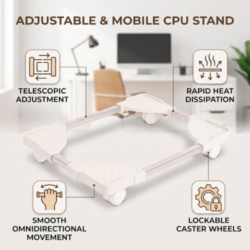 Soporte para torre de computadora CPU, ajustable con 4 ruedas con freno, ventilado (Blanco tamaño ajustable universal con ruedas de freno) miniatura 3