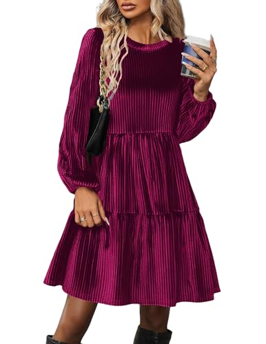 Zeagoo Samt Kleid Damen Winter Kurz Laternenärmel Langarmkleid Casual Elastischer Hoher Taille Herbstkleid Vintage Velvet Kleider mit Taschen Purpie...