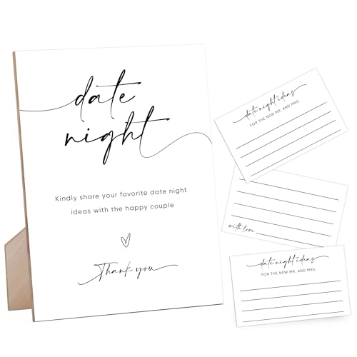 Date Night Ideas Sign, Bridal Shower Signs Date Night Game for The Newlyweds, Bridal Shower Decorations for Wedding Reception and Bridal Shower, White Simple Style Wood Sign & 50 Date Night Cards,5