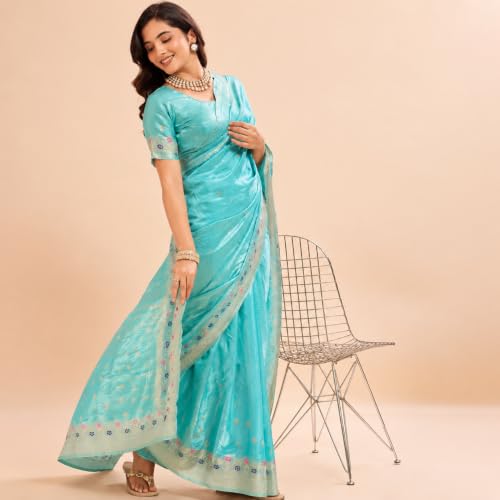 Image of Sarees for Women Wear Organza Silk Banarasi Sari Kanjivaram Soft Pure Paithani Wedding Original Kanchipuram Pattu Sadi with Blouse Piece 2026 (Gulab)