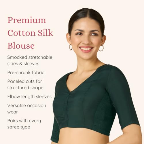 Image of Studio Shringaar Women's Cotton Stretchable (Smocked) Readymade Saree Blouse