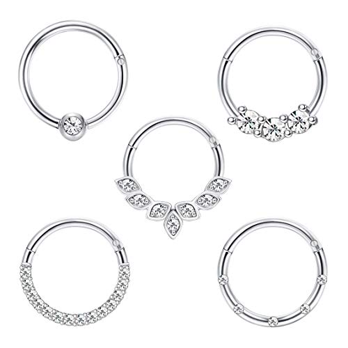 Drperfect 16G Septum Clicker Rings Stainless Steel Nose Rings Hoop for Women CZ Cartilage Helix Tragus Daith Earrings Nose Ring Hoop Hinged Segment Lip Piercing Jewelry 8MM Silver