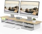 FENGE Moniteur Stand, Double moniteur Riser, 42.5inch Grand moniteur de bureau Riser avec tiroir, 2 Bois de base & Organisateur de bureau acrylique pour ordinateur, ordinateur portable, imprimante, TV Chêne à l'écran