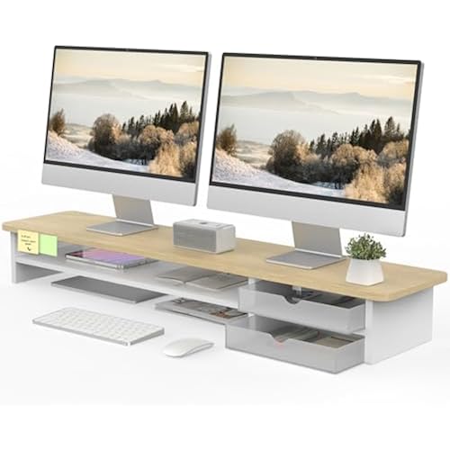 Fenge Monitor Stand, Desk Computer Riser with Frosted Storage Drawer, Oak