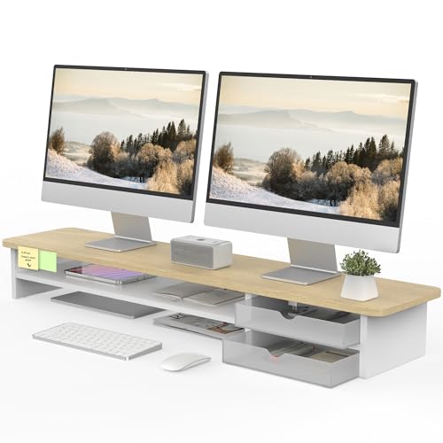 Fenge Monitor Stand, Dual Monitor Riser, 42.5inch Large Desk Computer Monitor Stand Riser with Drawer, 2 Tier Wood & Acrylic Desktop Organizer for Computer, Laptop, Printer, TV Screen Riser by Fenge - Used condition - US$75.01
