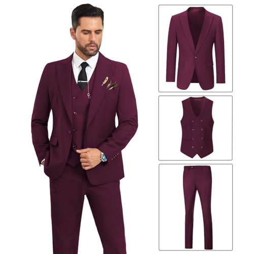 Image of Mens Suit Slim Fit 3 Piece Double Breasted Suit Men Formal Tuxedo Set Casual Wedding Prom Groom Suits