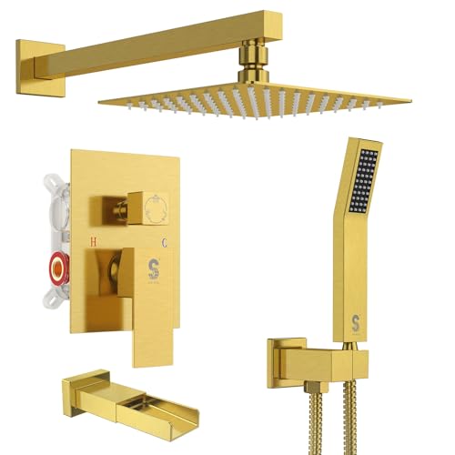 SR SUN RISE 12 Inches All Metal Square Shower System with Tub Spout, Tub Shower Faucet Set, High Pressure Rain Shower Head and Handheld Sprayer Combo Shower Fixtues, Valve Included, Brushed Gold