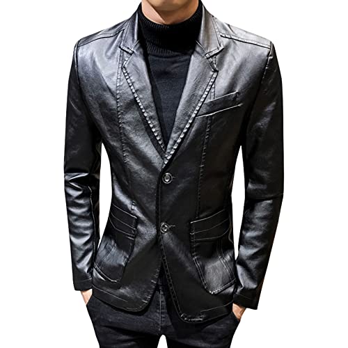 Faux Leather Blazer for Men Stylish 2 Button Moto Leather Suit Jacket Casual Regular Fit Business Sports Coat (Black,Medium)