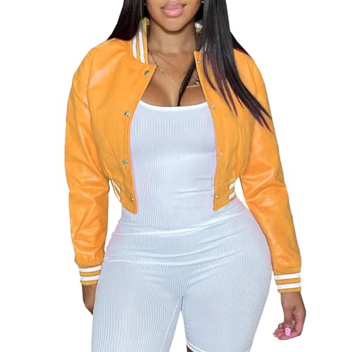 Xaspee Varsity Bomber Jacket Women Causal Baseball Crop Top Letterman Faux Leather Snap Button Sports Outwear Jackets