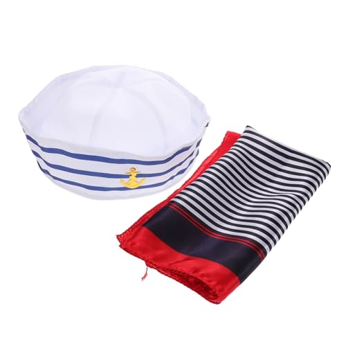 COLLBATH Unique Captain Hat Set Scarf Navy Blue Striped for Outdoor Boat Captain and Costume Parties
