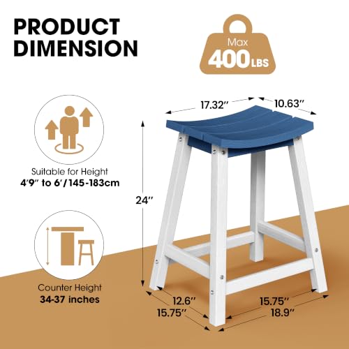 Image of Ciokea 2 Set 24 inch Outdoor Bar Stools Heavy Duty HDPE Counter Height Bar Stools Weatherproof Patio Seats Modern Waterproof BarStools for Bar Deck Balcony Counter Yard, White and Navy Blue