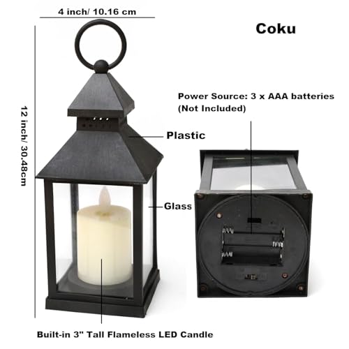 Image of Vintage LED Lantern Light with Flickering Candle, Battery Operated Hanging Lamp, Antique Glass Lantern for Home Decor, Diwali Decoration Lights, Table & Wall Hanging Lamp Black vivinin (Set 1)