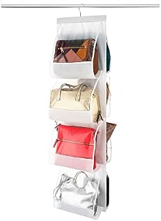 ZOBER Large Handbag Storage Organiser - Space Saving Breathable Nonwoven Hanging Rack, With 8 Easy Access Clear Vinyl Pockets, 360 Degree Chrome Swivel Hanger - Wardrobe Accessory Holder 122 x 30 cm