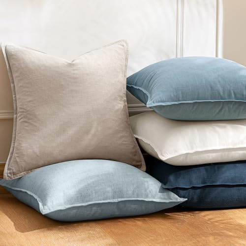 Image of 24x24 Inch Set of 2 Decorative Linen Solid Throw Pillow Covers Boho Farmhouse Euro Pillows Modern Neutral Home Decor for Couch Sofa Living Room Bed,Natural Linen
