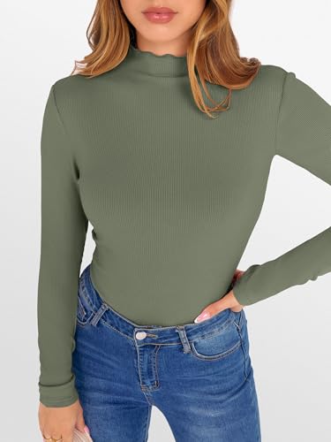 ANRABESS Women's Lettuce Trim Mock Neck Long Sleeve Tops 2026 Casual Dressy Ribbed Knit Slim Fit Tee Shirt Fall Layer Outfits Sage Green X-Small — view 2