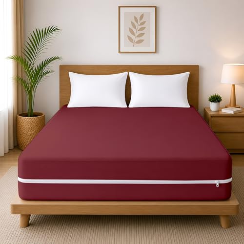 Image of 100% Waterproof Single Size Zipper Mattress Encasement - Ultra Soft & Breathable Six-Sided Bed Cover, Dustproof Noiseless Fitted Design, 72x30 Inch (6x6 Feet), Fits Up to 6 Inch Mattress, Maroon