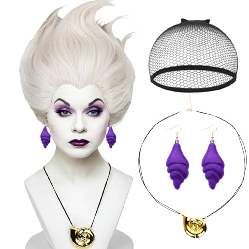 Wiggy Mermaid Sea Witch Wig+Shell Necklace+Earrings Accessories for Women Undersea Witch Cosplay Short Silver White Grey Layered Crazy Wig+Cap for Halloween Costume Cosplay