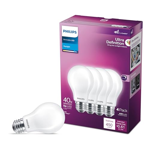 Image of PHILIPS LED 40W A19 4-Pack Ultra Definition Daylight LED Light Bulbs (5000K) 450 Lumen (5W = 40W) Dimmable Frost No Flicker Light Bulbs