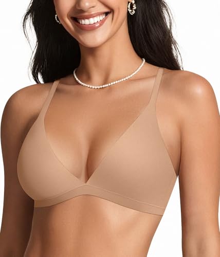 OEAK Womens Comfortable Triangle Bras No Underwire Sexy Plunge Unlined Bralette Pull On Bra Seamless Everyday Tshirt Bras Nude,M