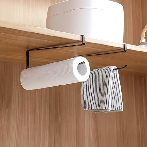 Pack of 2 Under Cabinet Paper Towel Holder Black Metal Kitchen Paper Towel Dispenser No Drilling No Adhesive Under Counter Paper Towel Hanger Rack Cover