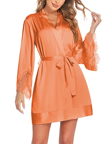 Ekouaer Robes For Women Lace Bridal Robe Short Satin Kimono Robe V Neck Bathrobe With Long Sleeve,Orange Xxl #TOP6