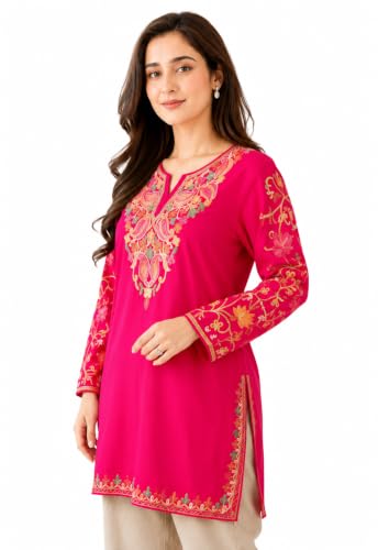 Image of HAUTEMODA Women Cotton Floral Embroidered Short Kurti, Tunic, Three-Fourth Sleeves, White