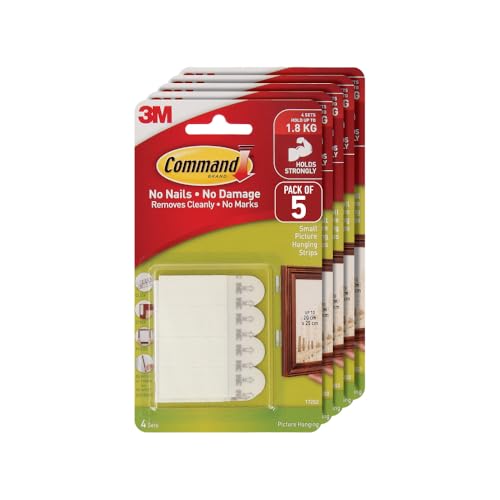 Image of 3M Command 17202ANZ Small Picture Hanging Strips - Pack of 5, Damage-Free Wall Hanging, Holds Up to 1.8kg, Ideal for Photos, Frames & Decor