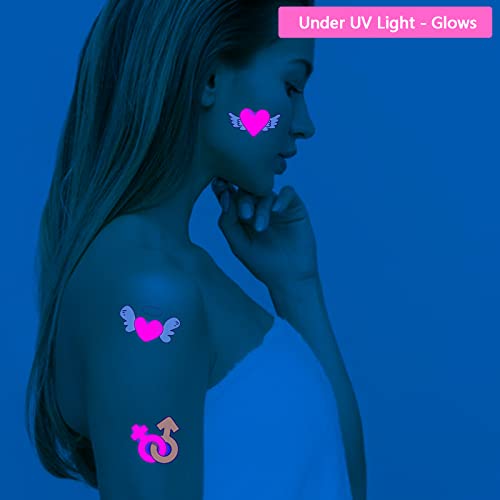 Maripabon Uv Neon Temporary Tattoos 10 Sheets Pink Love Cupid Lips Rose Shimmer Designs Love Glow In The Dark Tattoos Stickers Flash Fake Waterproof Tattoos For Women Men Girls Body Face Art #TOP2