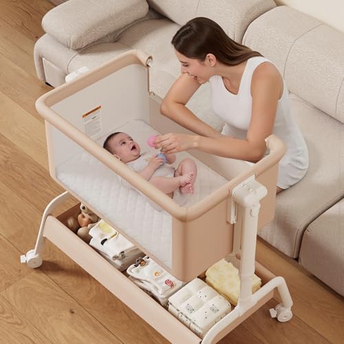 3-in-1 Baby Bassinet, Rocking Bassinet, Bedside Bassinet for Baby, Stable and Secure Bassinet Bedside Sleeper for Newborn & Infant, 6 Height Adjustable with Wheels, Mattress & Breathable Mesh (Khaki) - Thumbnail 4