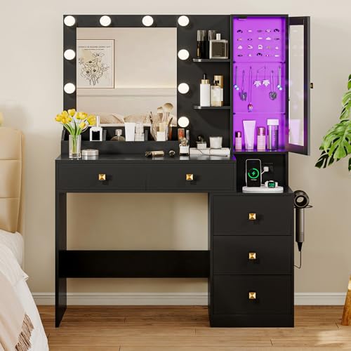 Image of Xixini Vanity Desk with Mirror and Lights, Makeup Vanity Table Set with 5 Storage Drawers, Power Outlet, Small Dressing Table with RGB Ambient Light, Adjustable Brightness for Girls Bedroom, Black