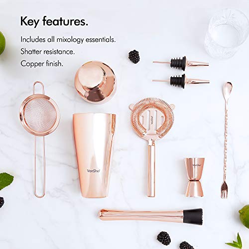 VonShef Parisian Cocktail Shaker Barware Set in Gift Box with Recipe Guide, Cocktail Strainers, Twisted Bar Spoon, Jigger, Muddler and Pourers, Copper, 9 Piece Set, 17oz - Thumbnail 2