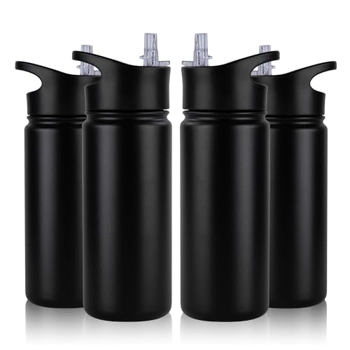 VQRRCKI 16 oz Insulated Water Bottle Bulk 4 Pack, Straw & Spout Lid, Keep Cold 24H, Spill Proof, BPA-Free, Double Wall, Stainless Steel Kids Water Bottles for School, Sports, Black