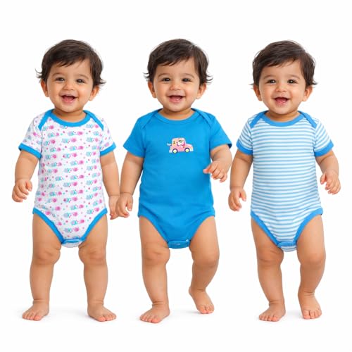 Image of VParents Rompers for New Born Baby Girl & Boy (Pack of 3), 100% Cotton Half Sleeve Romper /Bodysuit /Jumpsuit /Onesies /Sleepsuit For Infants & Toddlers, Comfortable Daily Wear Clothes For Babies