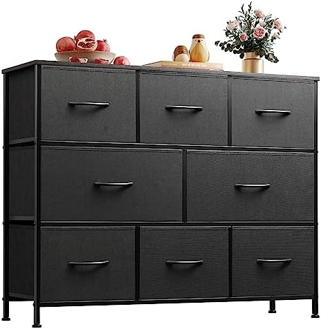 WLIVE Fabric Dresser for Bedroom, Storage Drawer Unit, Bedroom Dresser TV Stand for 32 40 43 inch TV, Wide Dresser with 8 Large Deep Drawers for Office, College Dorm, Charcoal Black