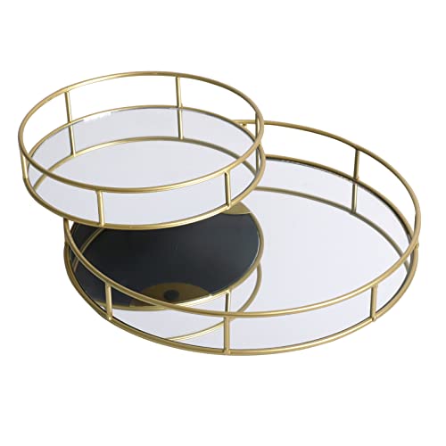 Fornord Mirror Tray Gold Decorative Mirrored Glass Tray Metal Perfume Vanity Dresser Tray Jewellery Cosmetics Organiser Candle Tealight Plate Display Tray Drinks Tray, Set Of 2 (Round)