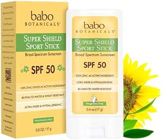 Babo Botanicals Super Shield SPF 50 Natural Sport Stick Fragrance Free Sunscreen, 0.6 Ounce