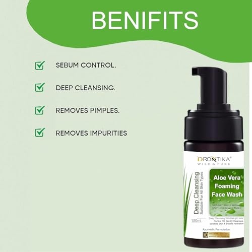 Image of Drontika Wild & Pure Aloe Vera Green Tea Pore Cleansing Face Wash For Oily, Acne-prone Skin | With Tea tree Oil | Controls Excess Oil | Removes Dead Skin Cells | Gentle & Non-Drying | Women & Men | 100% Vegan | 150 ml (Aloe Vera)