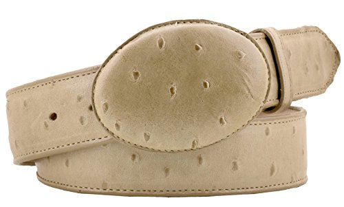 Mens Sand Ostrich Quill Print Leather Western Cowboy Belt Rodeo Buckle