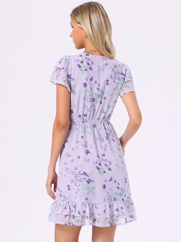Image of Allegra K Women's Ruffle Sleeve Self-Tie V Neck Flowy Ruffled A-Line Floral Chiffon Dress